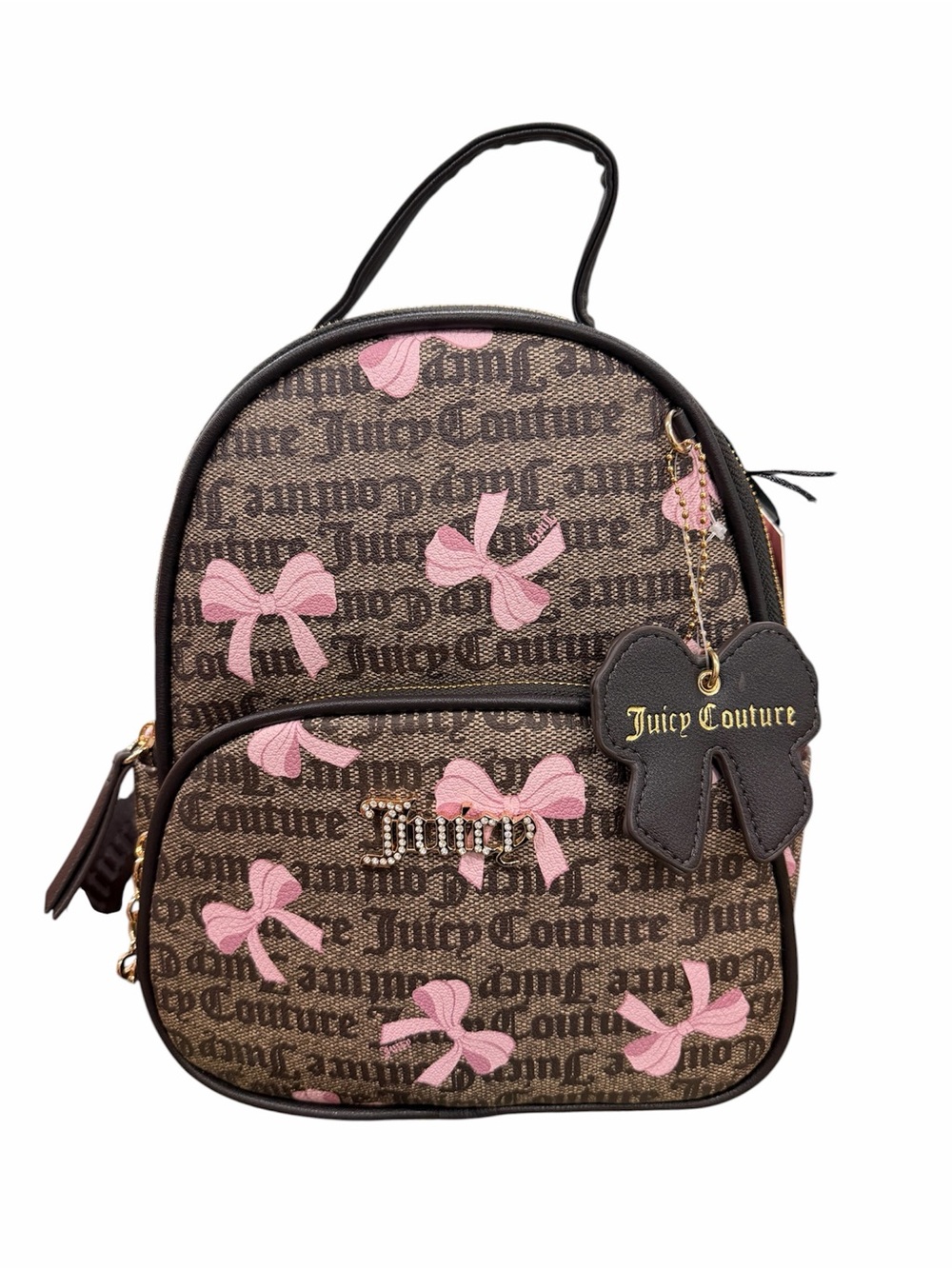 Juicy Couture Brown Monogram Mini Backpack with Pink Bow Accents